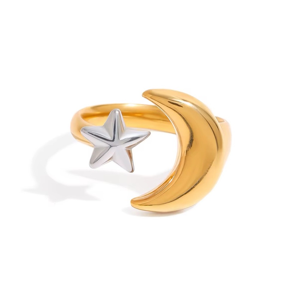 Gold Crescent Moon with Silver Star Ring